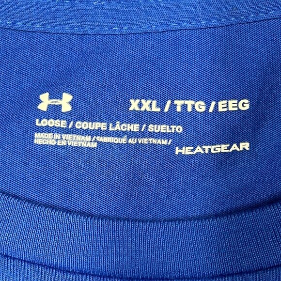Under Armour HeatGear T-Shirt Mens 2XL Blue Graphic Spellout Loose Fit Pullover - Picture 3 of 11